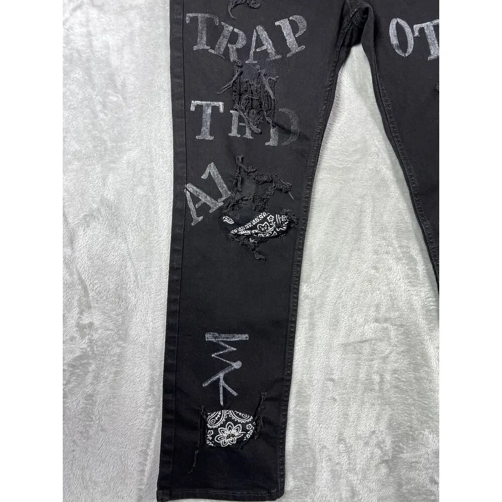 Levi 32x30 Distressed Black Jeans Custom Trap Hip Hop Punk Grunge Reworked Denim